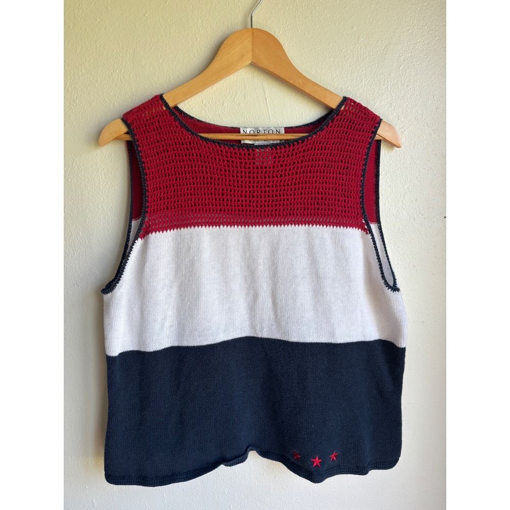 Norton Studio Womens XL Red White Blue Colorblock Knit Tank Top Star Detail